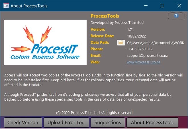example of the ProcessTools Access Add-In About Screen