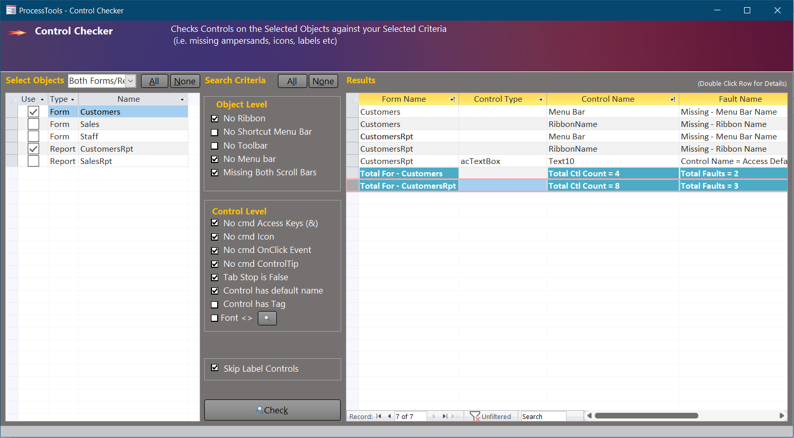 example of the ProcessTools Access Add-In Control Checker