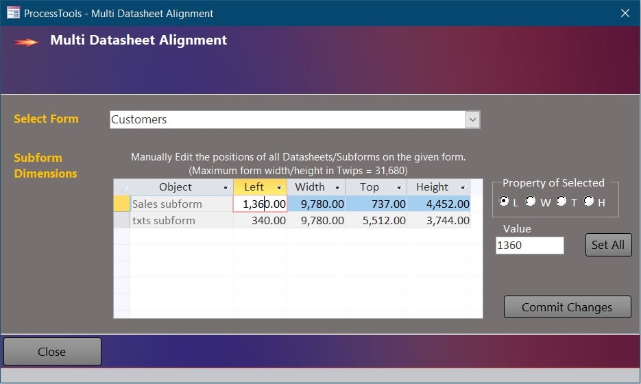 example of the ProcessTools Access Add-In Multi Datasheet Alignment Tool