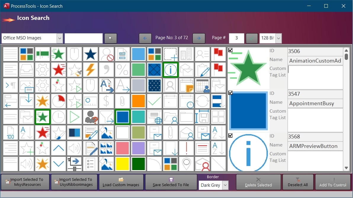 example of the ProcessTools Access Add-In Icon Picker Tool