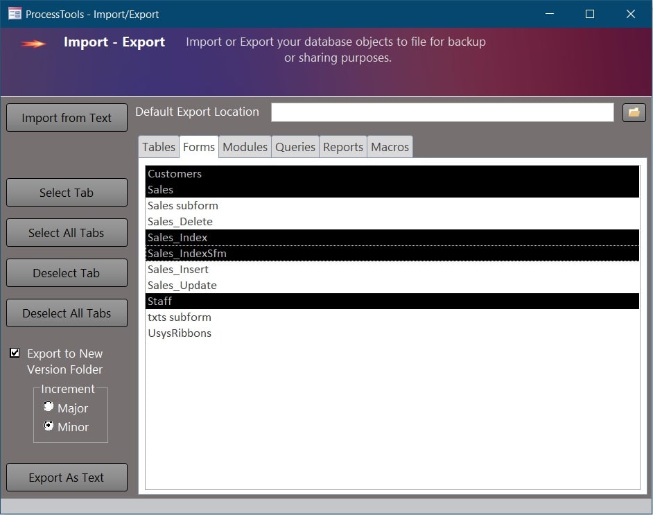 example of the ProcessTools Access Add-In Import/Export Tool