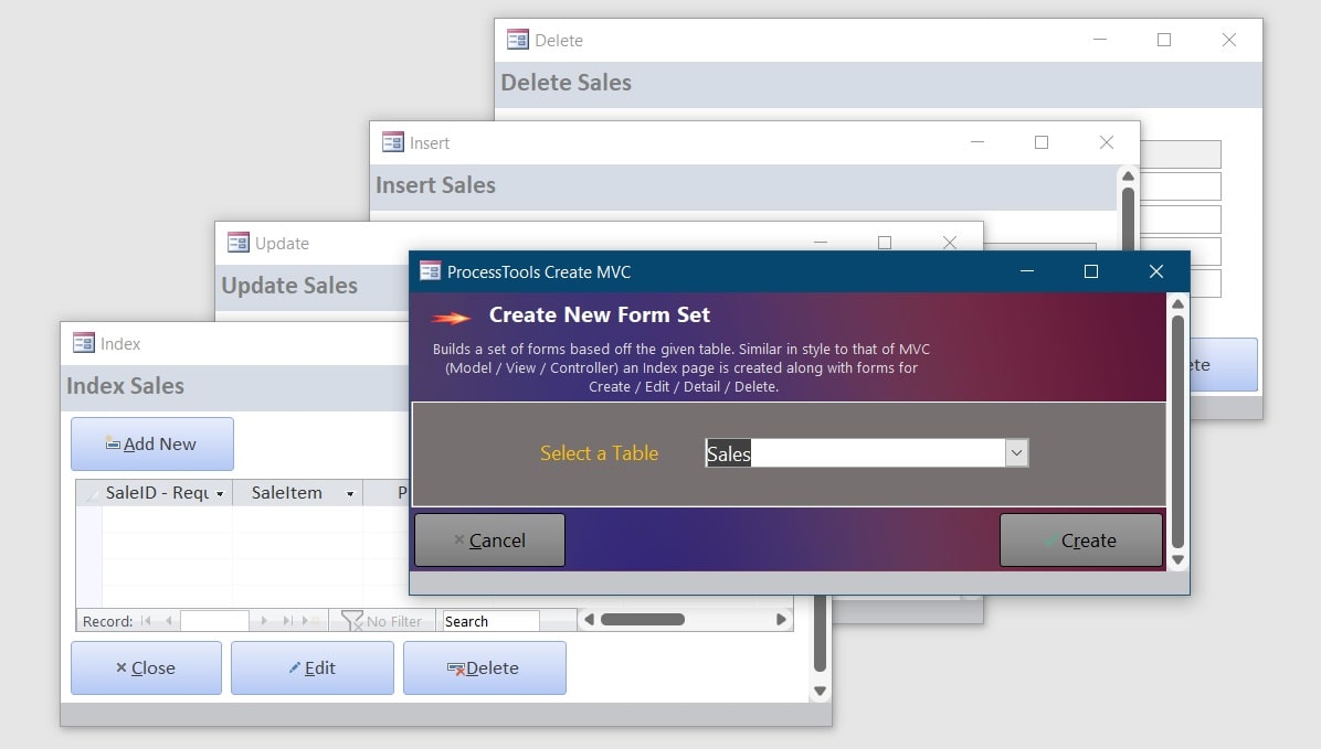 example of the ProcessTools Access Add-In Multi Datasheet Alignment Tool