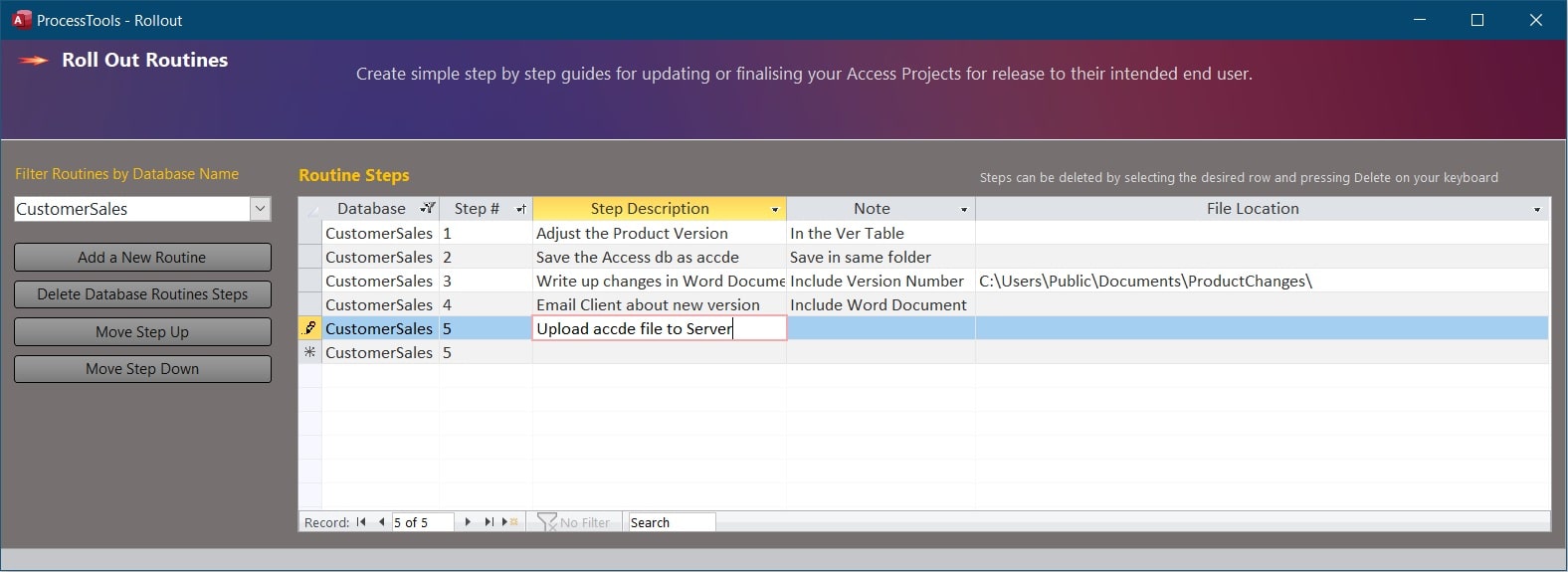 example of the ProcessTools Access Add-In Rollout Routine Tool