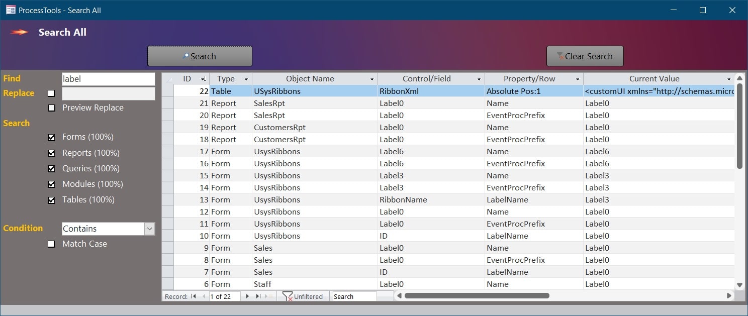 example of the ProcessTools Access Add-In Search All Tool