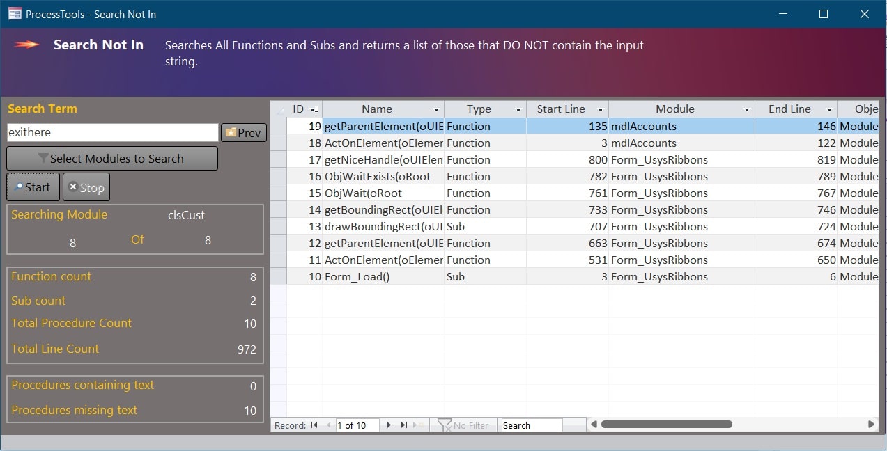 example of the ProcessTools Access Add-In Search Not In Tool