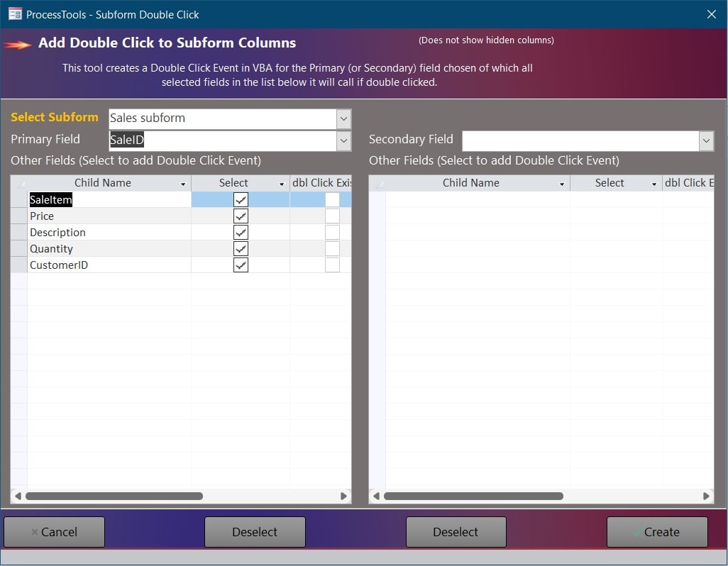 example of the ProcessTools Access Add-In Subform Columns Double Click Tool