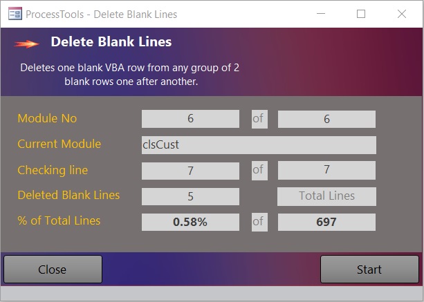 example of the ProcessTools Access Add-In VBA Remove Blank Lines Tool
