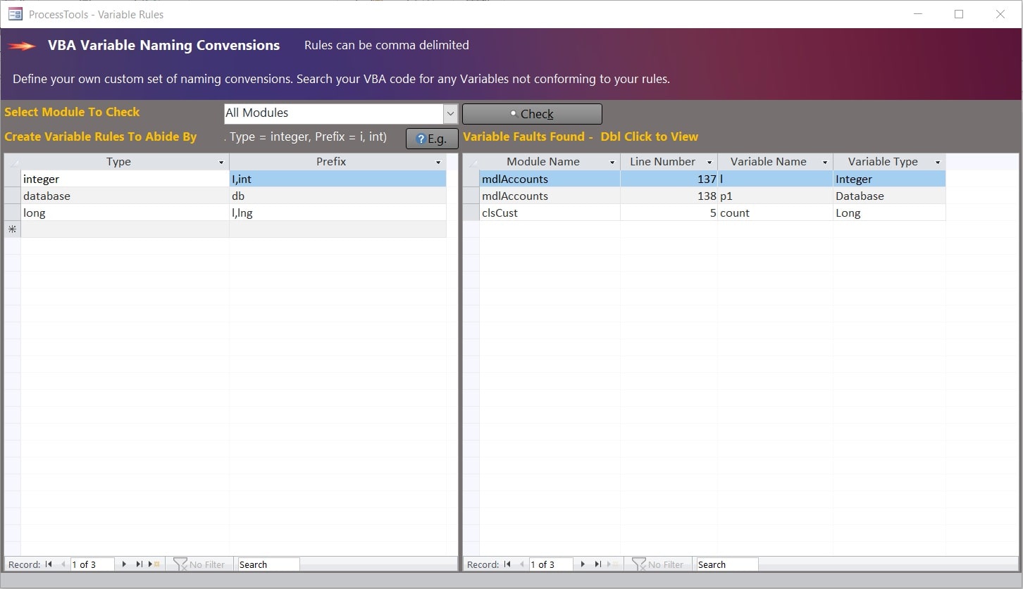 example of the ProcessTools Access Add-In Subform Columns Double Click Tool