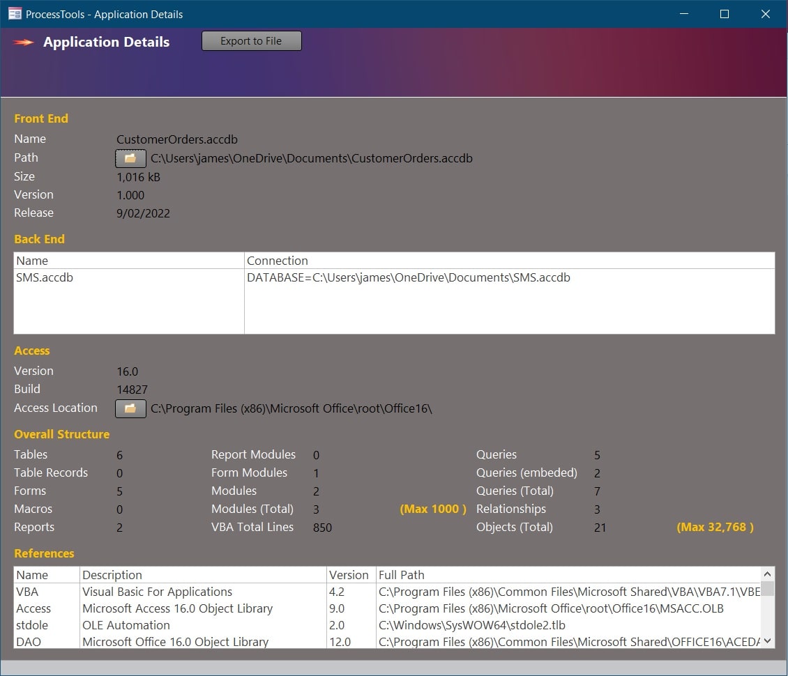 example of the ProcessTools Access Add-In Application Details