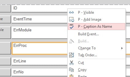 example of the ProcessTools Access Add-In Right Click command bar functions