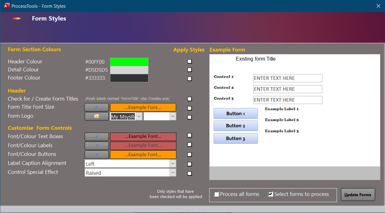 example of the ProcessTools Access Add-In Form Styles Tool
