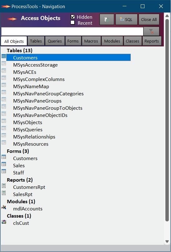 example of the ProcessTools Access Add-In Navigation Tool