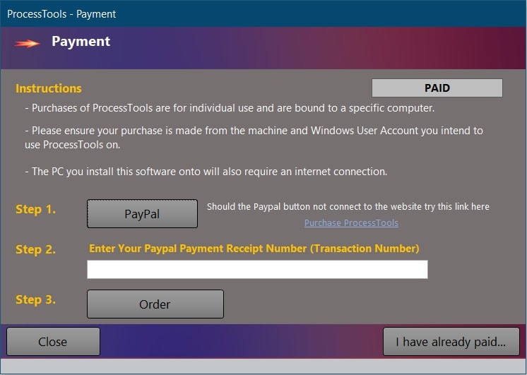 example of the ProcessTools Access Add-In Payment Screen