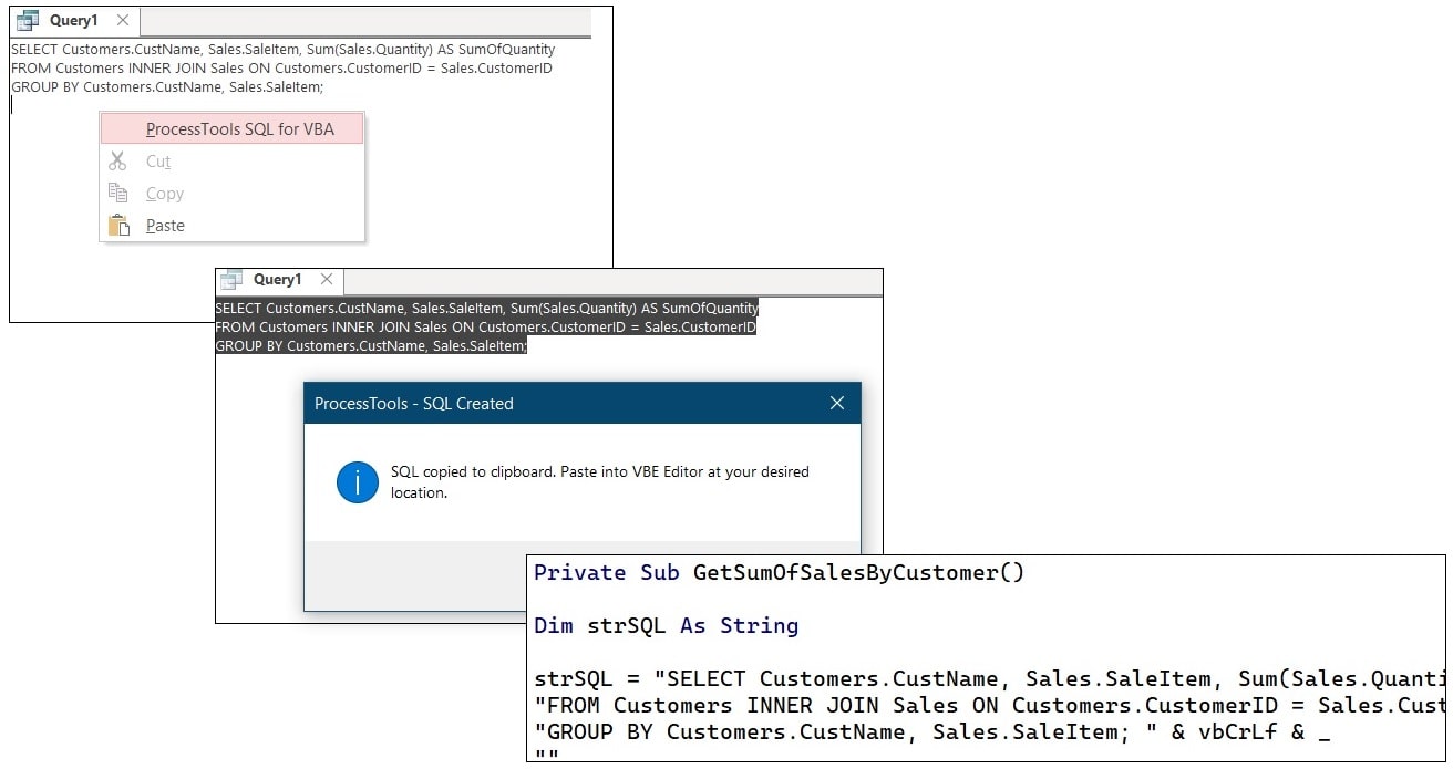 example of the ProcessTools Command Bar - SQL to VBA