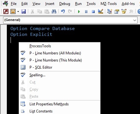 example of the ProcessTools Access Add-In Right Click command bar functions in a VBE Editor